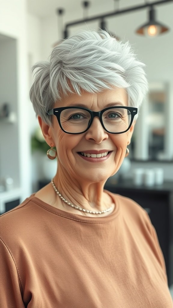A woman over 70 with a short textured hairstyle and glasses, smiling confidently.