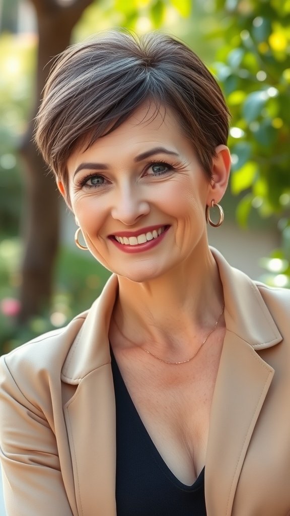 A woman with a short wedge haircut and a stacked nape, smiling confidently.