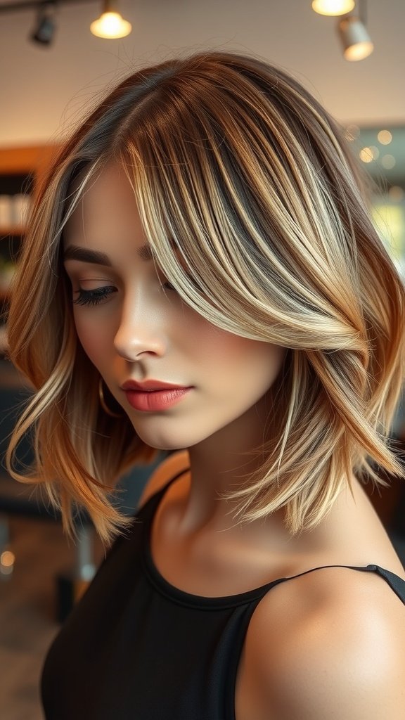 Shoulder-length box bob hairstyle with light waves and caramel highlights