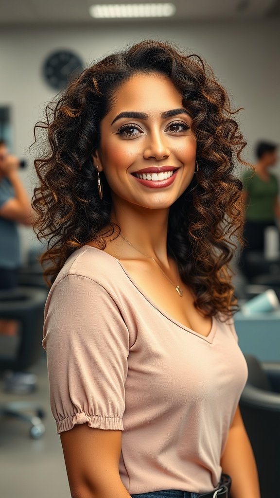 A woman with shoulder-length curly hair styled in rounded layers, smiling in a salon setting.