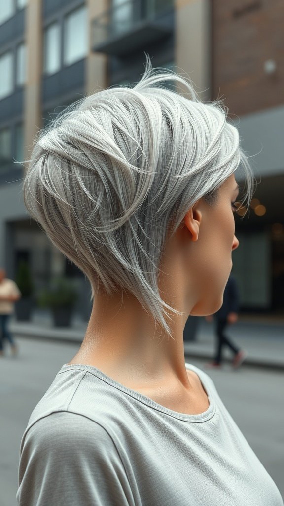 A woman with a side-parted silver bixie haircut, showcasing a modern and stylish look.