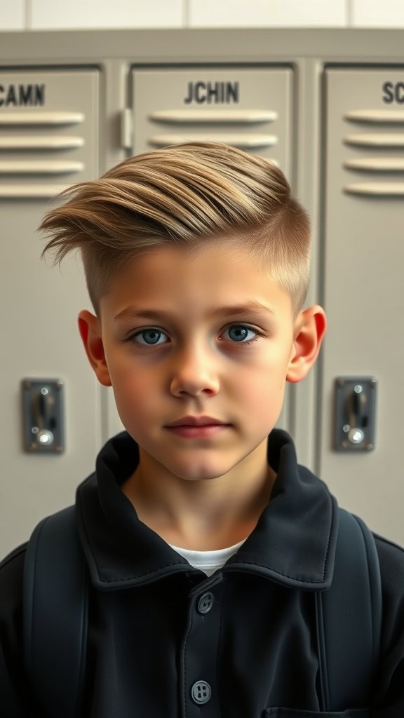 A young boy with a side-swept undercut hairstyle, standing in front of school lockers.