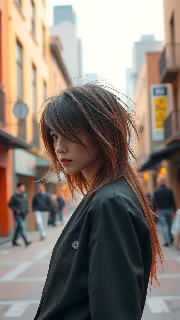 A stylish individual with a shaggy mullet hairstyle featuring side-swept bangs, standing in an urban setting.