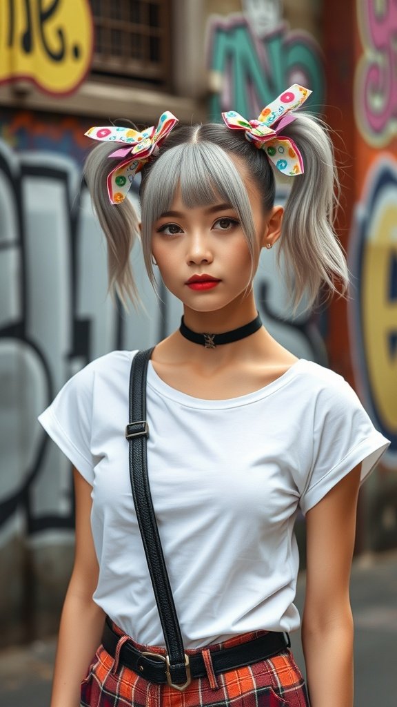A person with silver pigtails adorned with colorful bows, wearing a casual outfit against a graffiti background.