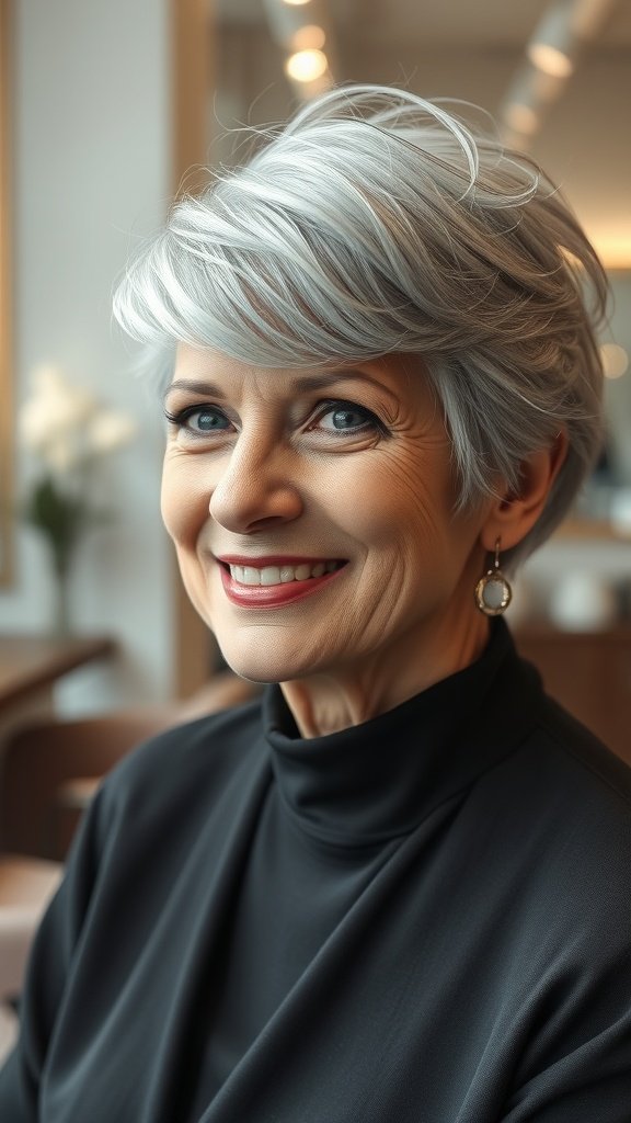A woman over 70 with a silver pixie hairstyle featuring textured layers, smiling confidently.