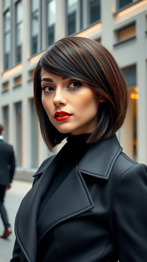 A woman with a sleek stacked bob hairstyle, featuring a dramatic angle, wearing a black coat.