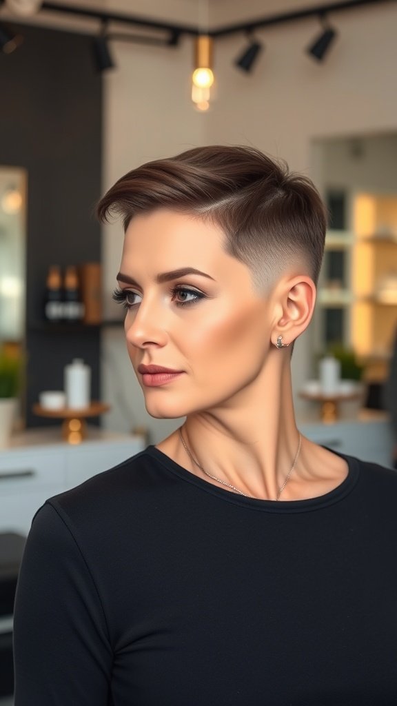 A woman with a slicked-back undercut pixie hairstyle, showcasing a modern and stylish look.