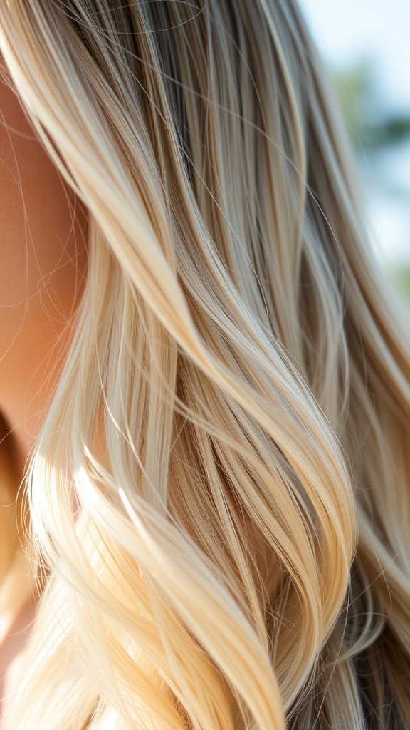 A close-up of soft cream blonde balayage hair, showcasing its natural, sun-kissed effect with soft waves.