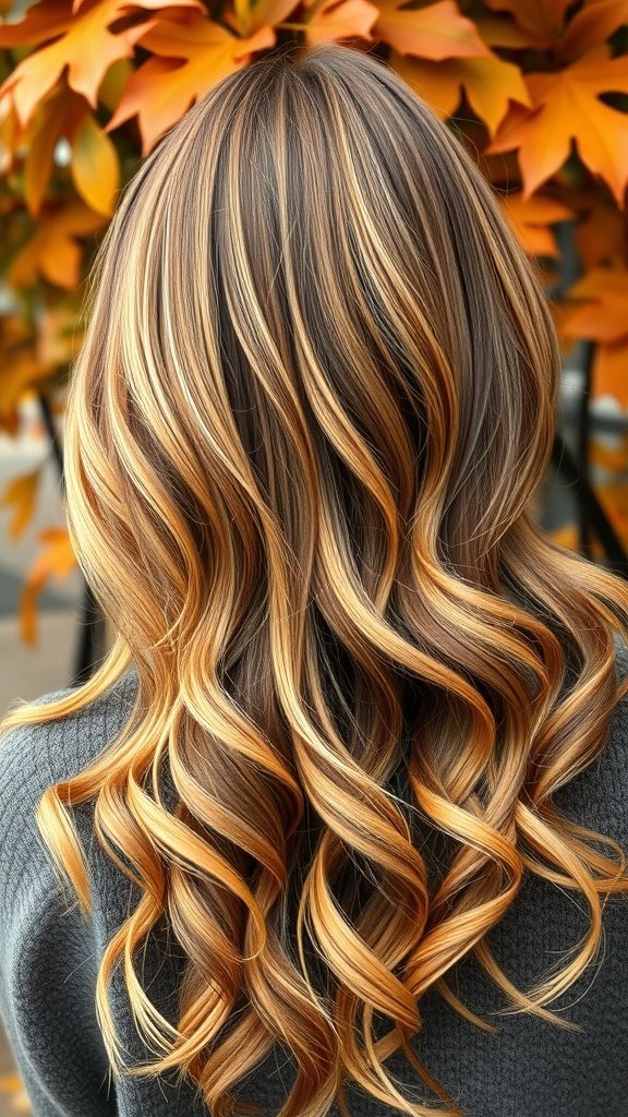 A beautiful balayage hairstyle featuring soft saffron highlights against a darker base, with wavy curls and autumn leaves in the background.