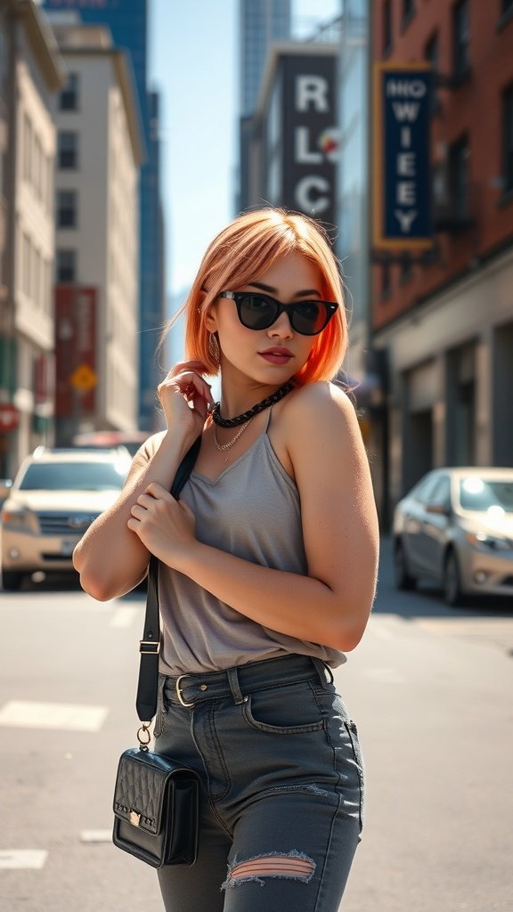 A stylish individual with a strawberry blonde buzz cut, wearing sunglasses and a casual outfit, standing on a city street.