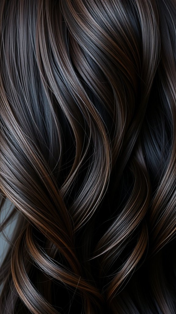 Close-up of dark brown hair with subtle olive highlights, showcasing soft waves and shine.