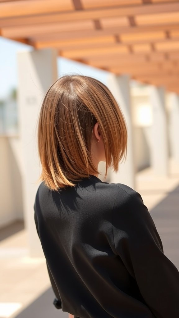 A woman with a sunkissed straight middle-parted lob hairstyle, showcasing a modern and chic look.