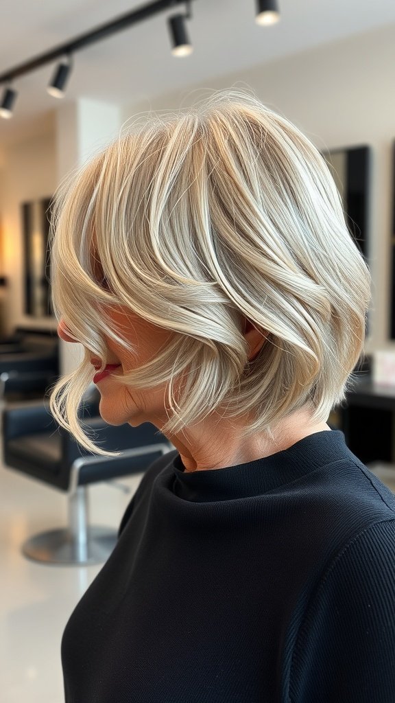 A stylish older woman with a tapered nape bob hairstyle, showcasing soft waves and a modern look.