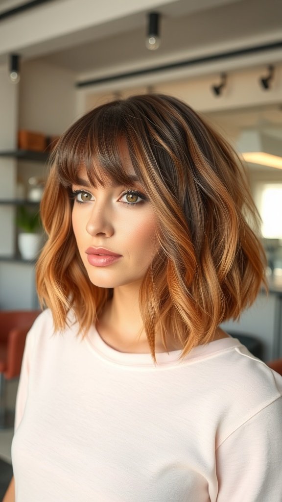 A woman with a textured bob hairstyle and peek-a-boo bangs, showcasing a warm hair color and soft waves.