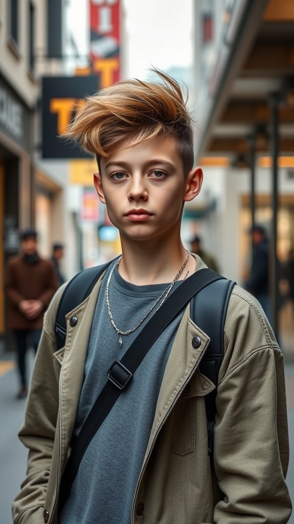 Teenage boy with tousled hair and side part, wearing a jacket and standing in an urban setting.