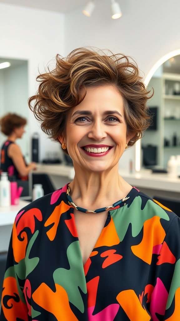 A woman with a voluminous curly pixie hairstyle, smiling confidently in a colorful outfit.