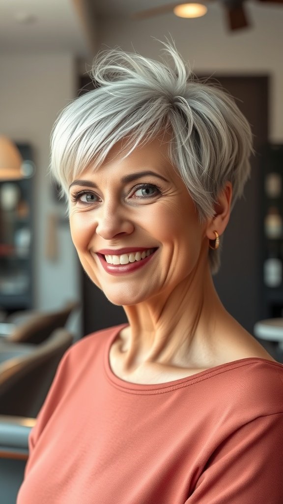 A woman with a voluminous pixie haircut and a rounded top, smiling in a modern setting.