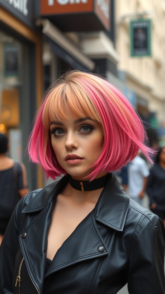 A model with a voluminous short-stacked bubble bob hairstyle, featuring vibrant pink hair, wearing a leather jacket.