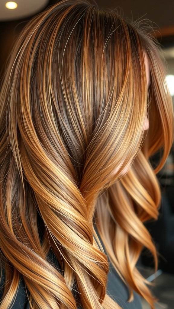 Warm brown hair with golden balayage highlights styled in soft waves.