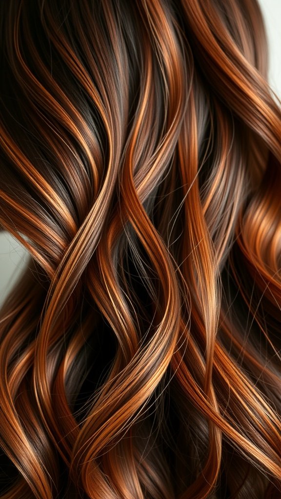 Warm dark brown hair with fiery copper highlights styled in soft waves.