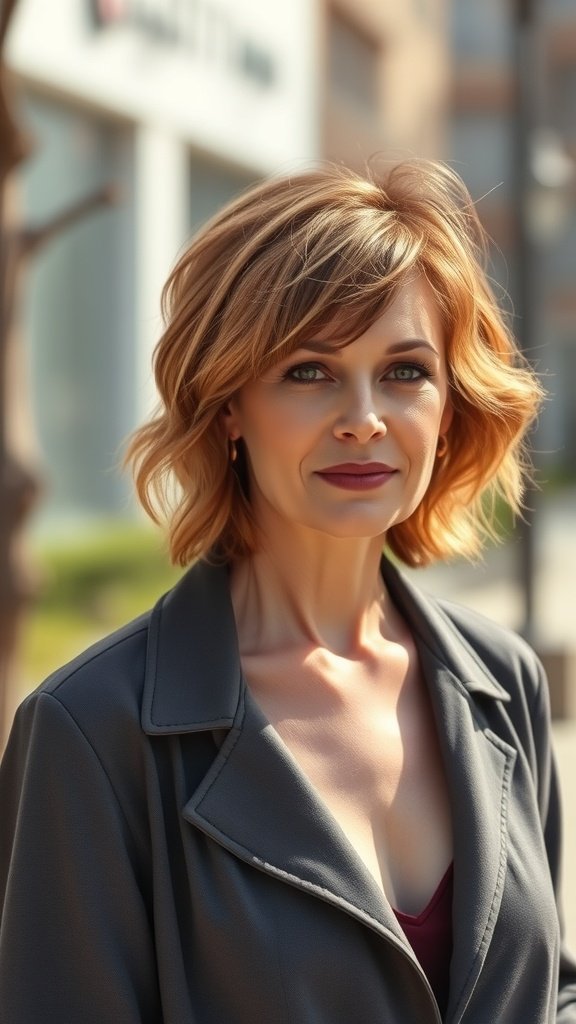 A woman with a wavy shag hairstyle and choppy bangs, wearing a stylish jacket.