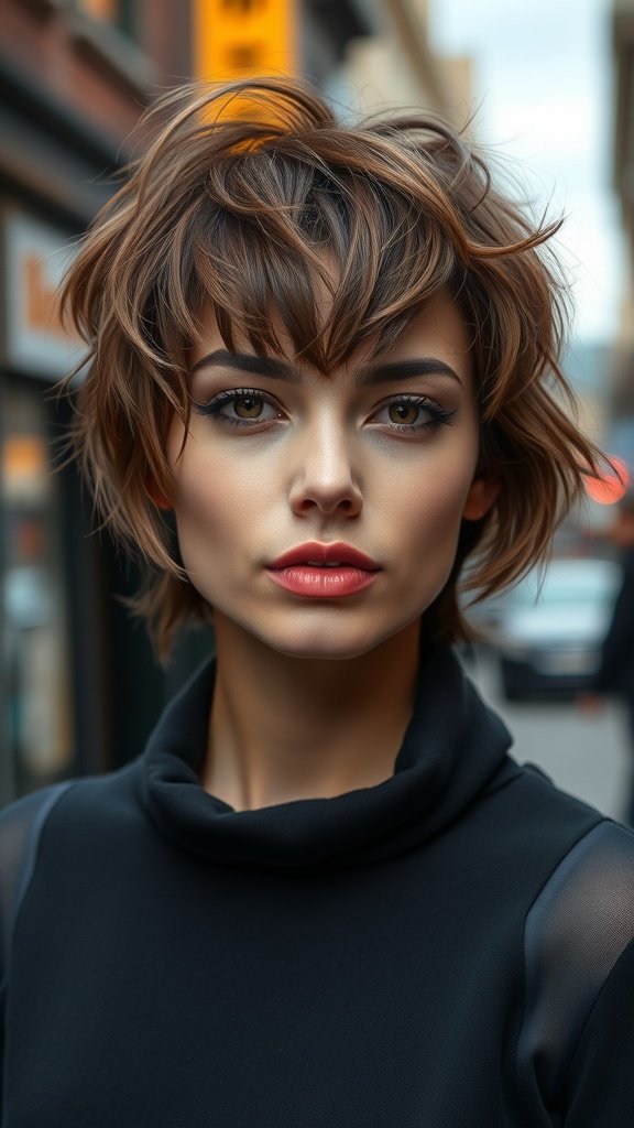 A model showcasing a wispy shag haircut with flipped ends, exuding a stylish and modern look.