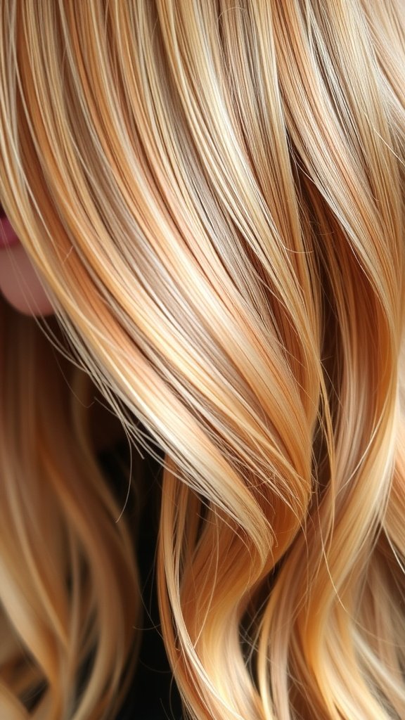 Close-up of blonde hair with rose gold highlights, showcasing soft waves and a vibrant color blend.