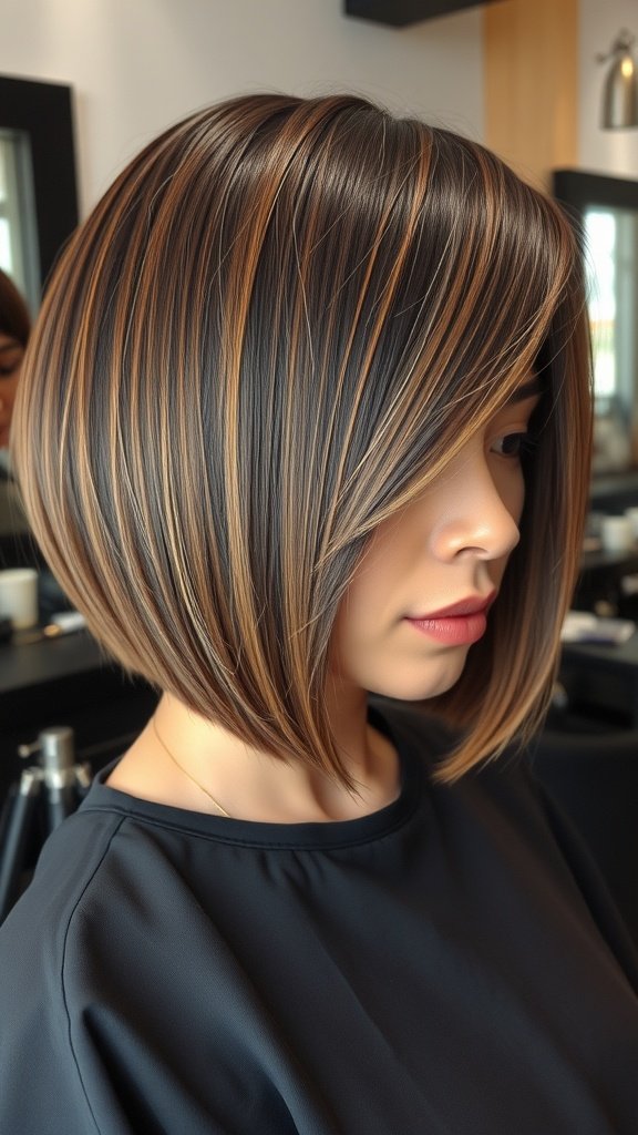 A woman with an angled box bob hairstyle featuring a side part and highlights.