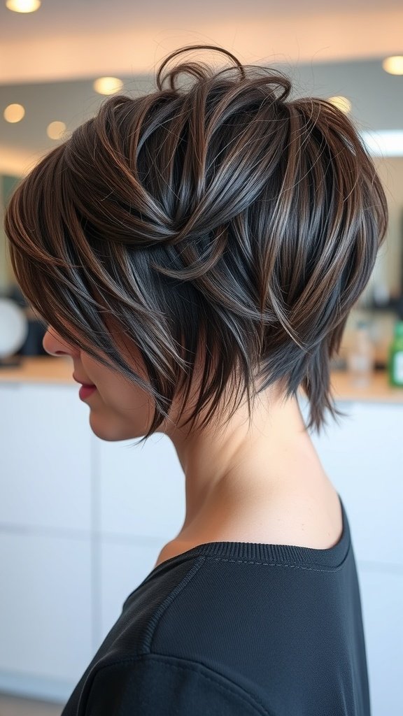A stylish angled pixie shag hairstyle with layered texture and soft waves.