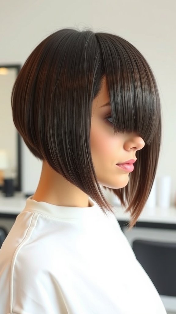 A model showcasing an angled sleek bob haircut with a precision cut, featuring sharp lines and a polished finish.