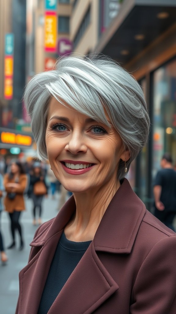 A stylish older woman with an angled wedge cut and side-swept bangs, smiling in a city setting.