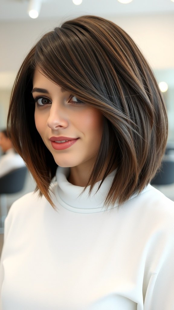 A woman with an asymmetrical layered bob and side-swept bangs, showcasing a modern hairstyle.