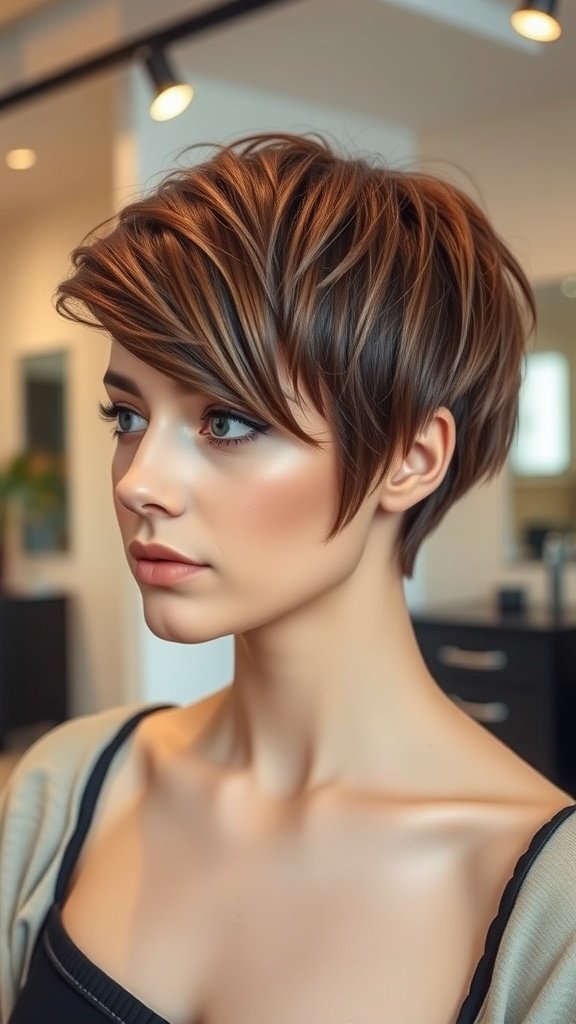 Asymmetrical pixie haircut with side-swept bangs, showcasing texture and shape
