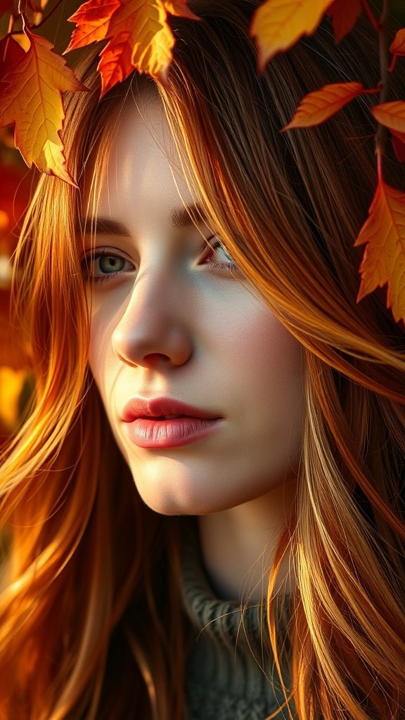 A close-up of a woman with amber hair surrounded by autumn leaves, showcasing a warm fall hair color.