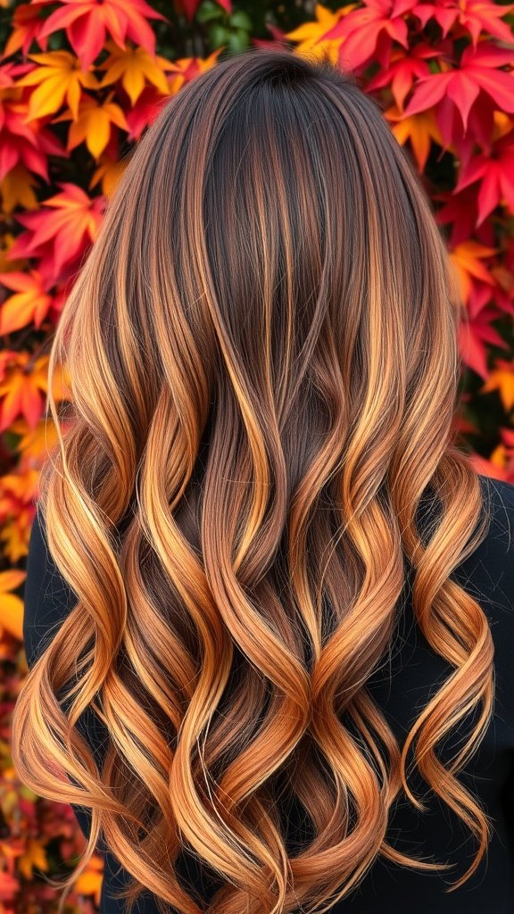 Long hair styled in Autumn Ember Balayage with warm amber and copper tones against a backdrop of autumn leaves.