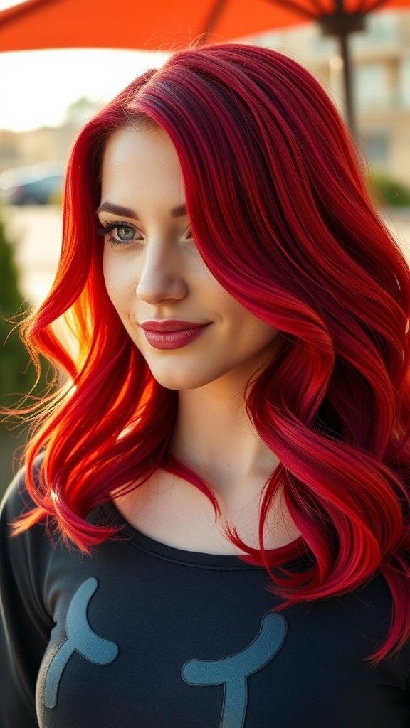 A woman with bold red mid-length hair styled in soft waves, smiling outdoors.