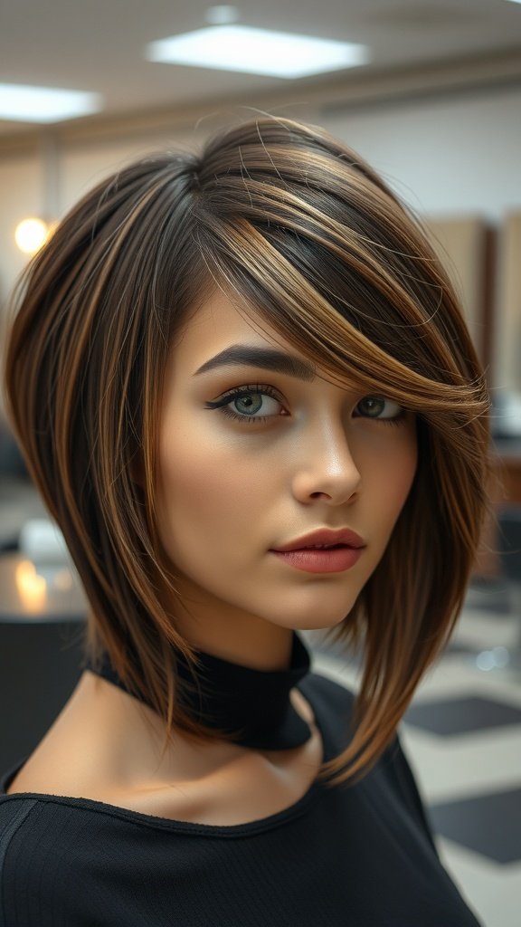 Brunette hair with blonde money piece highlights, showcasing a stylish bob cut.