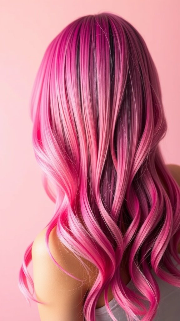 A hairstyle featuring bubblegum pink ombre with soft waves.
