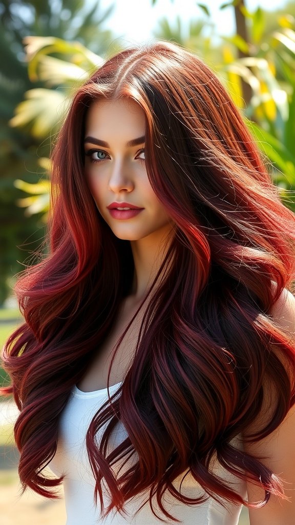 A woman with long, wavy burgundy hair, showcasing vibrant highlights in a sunny outdoor setting.