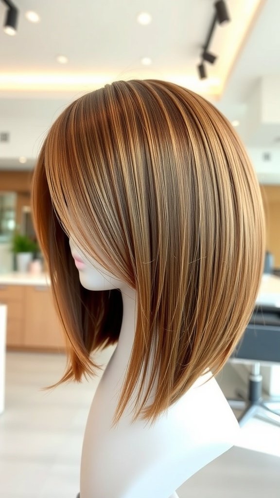 A stylish caramel balayage bob hairstyle displayed on a mannequin.