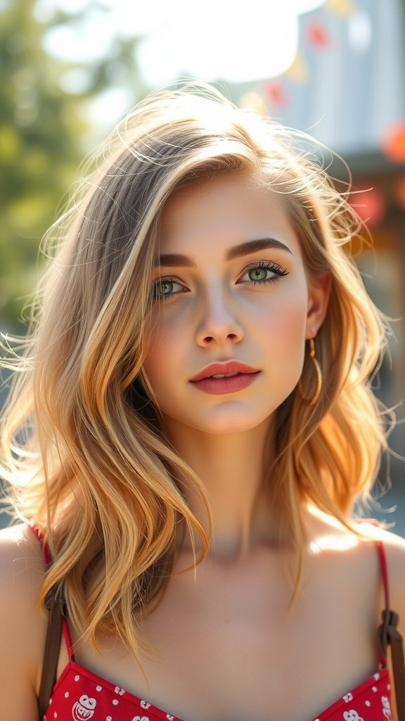 A woman with shoulder-length caramel waves, showcasing a fresh and vibrant hairstyle.