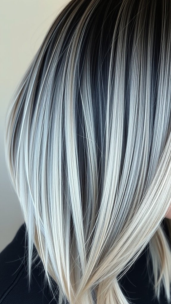 A close-up view of hair featuring charcoal roots and silver streaks, showcasing a modern hairstyle.