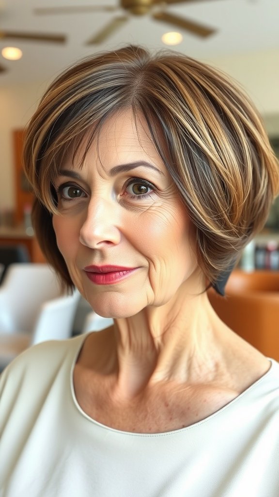 A woman over 70 with a chic layered bob hairstyle and soft bangs, showcasing a stylish and sophisticated look.