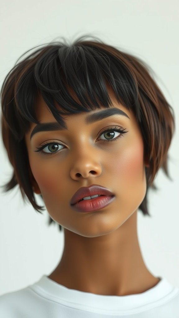 A model showcasing a chic mocha pixie haircut with baby bangs.
