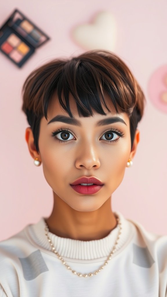 A model with a chic mocha pixie haircut and baby bangs, showcasing a warm and inviting style.