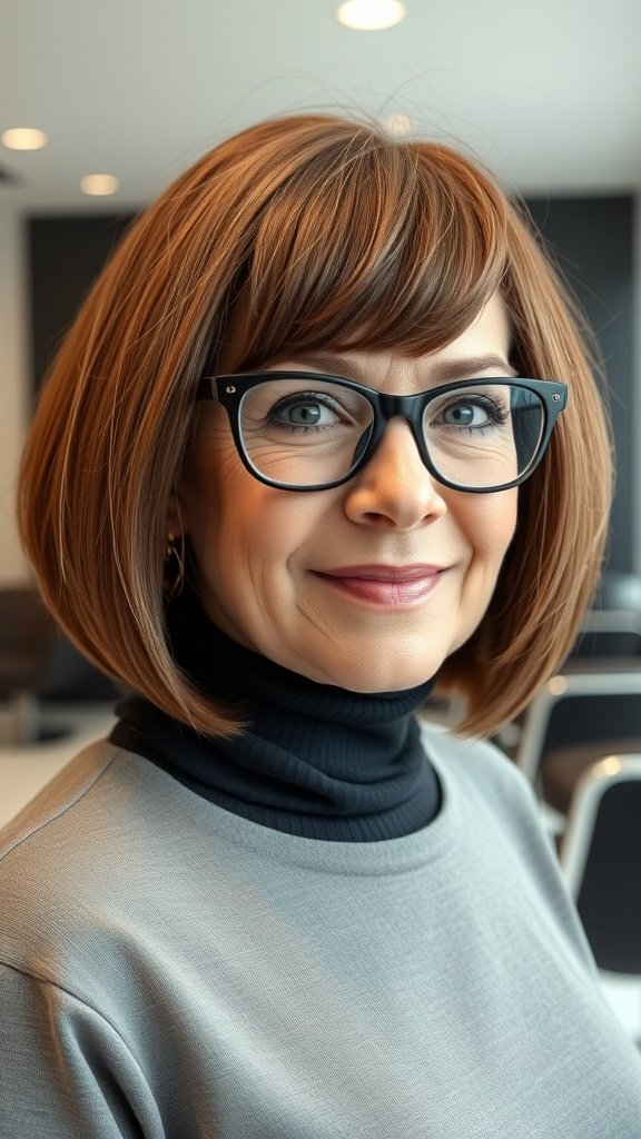 A woman with a chin-length bob and side-swept bangs, wearing glasses, smiling confidently.