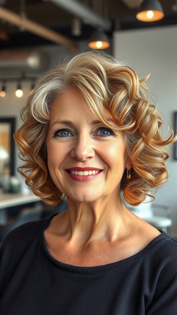 A woman with a chin-length curly bob hairstyle and side-swept bangs, smiling in a modern setting.