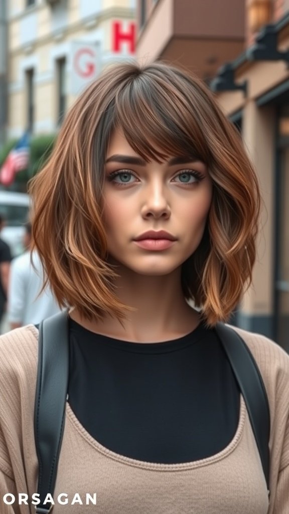 A woman with a choppy bob hairstyle featuring side-swept bangs and subtle layers, standing outdoors.