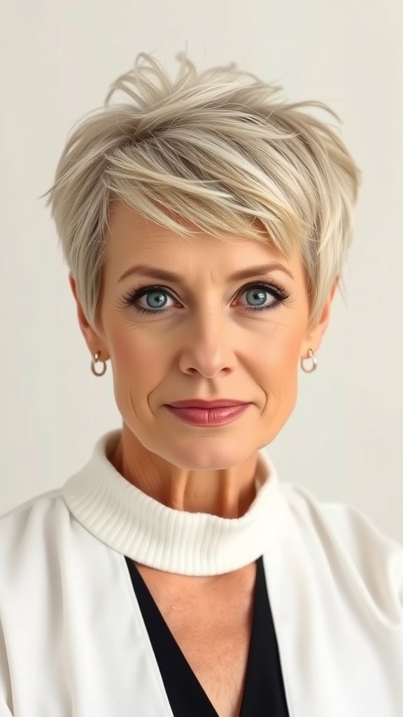 A woman with a choppy pixie hairstyle and side-swept bangs, showcasing a confident and stylish look.