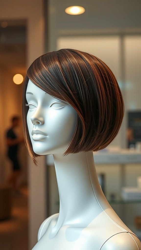 A mannequin displaying a classic angled bob hairstyle with dark and light tones.